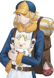  1boy absurdres backpack bag belt blonde_hair brown_bag brown_belt closed_mouth commentary dalmo_(pafe2444) fur_trim ginkgo_guild_uniform grey_eyes hair_bun hair_over_one_eye hat highres holding holding_pokemon long_sleeves looking_at_viewer male_focus pokemon pokemon_(creature) pokemon_legends:_arceus short_hair simple_background single_hair_bun smile togepi volo_(pokemon) white_background yellow_headwear 