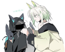  1other ambiguous_gender anger_vein angry animal_ears arknights bare_shoulders black_choker black_coat black_gloves cat_ears chinese_commentary choker clothes_grab coat commentary_request doctor_(arknights) ears_through_headwear female from_side gloves green_eyes green_hair green_jacket hands_up highres hood hood_up hooded_coat jacket jacket_grab kal&#039;tsit_(arknights) ling_s looking_at_another mask motion_lines off_shoulder parted_lips profile short_hair simple_background teeth torso_grab translated white_background 