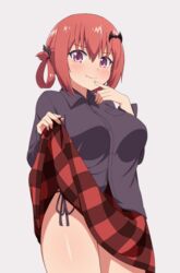  bad_id bad_pixiv_id bat_hair_ornament black_panties black_shirt blush breasts clothes_lift collared_shirt cowboy_shot dress_shirt female finger_to_mouth gabriel_dropout hair_ornament hair_rings highres lifting_own_clothes long_hair long_sleeves looking_at_viewer miniskirt nyaroon oerba_yun_fang panties plaid plaid_skirt pleated_skirt purple_eyes red_hair red_skirt satanichia_kurumizawa_mcdowell shirt side-tie_panties side-tie_peek simple_background skirt skirt_lift smile smug solo underwear white_background 