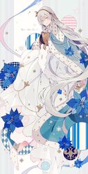  anastasia_(fate) bad_id bad_twitter_id cape character_name coat_of_arms commentary doll dress fate/grand_order fate_(series) female flower grey_hair hairband heraldry highres jewelry long_dress long_hair satsuki_(miicat) smile snowflakes solo viy_(fate) 