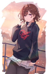  brown_hair closed_mouth female floating_hair hair_ornament hairclip highres higuchi_madoka hood hoodie idolmaster idolmaster_shiny_colors long_sleeves looking_at_viewer outdoors pantyhose purple_eyes serika shirt short_hair skirt solo sunset 