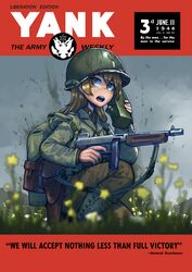  1st_infantry_division_(us_army) backpack bag blue_sky blurry blurry_foreground boots brown_eyes brown_hair brown_pants character_name combat_boots combat_helmet commentary cover dated day english_commentary english_text erica_(naze1940) fake_cover fake_magazine_cover feet_out_of_frame female field field_radio finger_on_trigger flower grass green_bag green_footwear green_helmet green_jacket gun gun_sling handgun helmet highres holding holding_gun holding_radio holding_weapon holstered insignia jacket long_hair long_sleeves looking_to_the_side m1_helmet magazine_cover military military_jacket military_uniform on_grass open_mouth original outdoors pants sky smoke soldier solo squatting submachine_gun teeth thompson_submachine_gun tongue uniform united_states_army upper_teeth_only weapon white_flower world_war_ii yellow_flower 