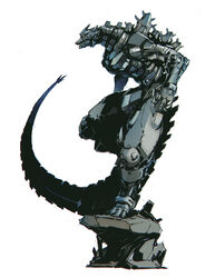  absurdres godzilla:_tokyo_s.o.s. godzilla_(series) godzilla_against_mechagodzilla_(2002) highres looking_ahead mecha mechagodzilla mechanical_tail no_humans open_hand robot science_fiction shimoguchi_tomohiro solo standing standing_on_one_leg tail type-3_kiryuu white_background 