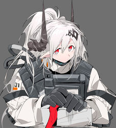  arknights black_gloves black_horns cable chinese_commentary closed_mouth commentary_request ear_piercing female gloves grey_background hair_ornament highres horns infection_monitor_(arknights) jumpsuit ling_s long_hair long_sleeves looking_at_viewer mudrock_(arknights) no_headwear piercing pointy_ears ponytail red_eyes simple_background solo upper_body white_hair white_jumpsuit 