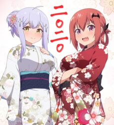  2020 2girls :d ahoge bad_id bad_pixiv_id bat_hair_ornament blush breasts closed_mouth cross_hair_ornament crossed_arms floral_print flower gabriel_dropout grey_hair hair_bun hair_flower hair_ornament hair_rings hand_on_own_chest highres japanese_clothes kimono large_breasts long_hair looking_at_viewer multiple_girls nyaroon obi oerba_yun_fang open_mouth purple_eyes raphiel_shiraha_ainsworth red_hair red_kimono sash satanichia_kurumizawa_mcdowell sidelocks single_hair_bun smile standing unmoving_pattern white_kimono yellow_eyes 