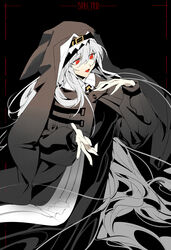  absurdres arknights black_background black_headwear black_robe character_name chinese_commentary commentary_request english_text female grey_hair habit hair_between_eyes hands_up highres ling_s long_hair long_sleeves nun open_mouth red_eyes robe simple_background solo specter_(arknights) tongue very_long_hair 