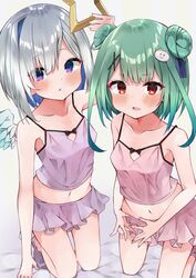  2girls absurdres alternate_costume amane_kanata angel angel_wings blue_hair bob_cut breasts camisole colored_inner_hair double_bun eureka_814 feathered_wings green_hair grey_hair hair_bun halo highres hololive kneeling microskirt mini_wings multicolored_hair multiple_girls navel pink_camisole pink_skirt purple_eyes red_eyes short_hair sidelocks single_hair_intake skirt small_breasts star_halo uruha_rushia virtual_youtuber wings 