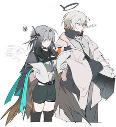  1boy arknights belt black_cape black_legwear black_pants black_shorts blue_eyes cape chinese_commentary chinese_text closed_mouth commentary_request doctor_(arknights) executor_(arknights) feather_hair feathers female frown gloves green_eyes grey_hair grey_jacket grey_shirt greythroat_(arknights) hair_ornament halo high_collar highres holding holding_paper jacket ling_s long_sleeves mechanical_halo medium_hair pants paper profile shirt short_hair shorts simple_background single_glove thighhighs translation_request white_background white_gloves 