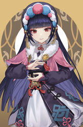  absurdres arms_up black_hair blunt_bangs capelet closed_mouth clothing_request commentary dalmo_(pafe2444) english_commentary female fur-trimmed_capelet fur_trim genshin_impact hat highres long_hair looking_at_viewer pink_capelet red_eyes smile solo standing tassel vision_(genshin_impact) yun_jin_(genshin_impact) 