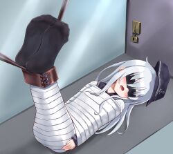  anchor_symbol bandages black_sailor_collar black_socks bondage bondage bound eyepatch feet flat_cap foot_focus grey_hair hat hibiki_(kancolle) highres iberiko_(soinesitai) kantai_collection legs_up lying mummification_(bound) mummy on_back sailor_collar socks 