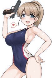  absurdres alternate_costume blue_eyes blue_one-piece_swimsuit breasts brown_hair competition_swimsuit covered_navel female gun hand_on_own_hip handgun heart highres holding holding_gun holding_weapon intrepid_(kancolle) kantai_collection kinakomochi_(testament05) large_breasts looking_at_viewer m1911 multicolored_clothes multicolored_swimsuit one-piece_swimsuit open_mouth ponytail red_one-piece_swimsuit short_hair smile solo speech_bubble spoken_heart standing swimsuit trigger_discipline weapon wet white_one-piece_swimsuit 