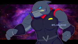  16:9 2023 3_fingers alien alien_humanoid angry armor artist_name belt blue_eyes clenched_teeth clothed clothing cosmic_background disney fingers gantu grey_body grey_skin half-length_portrait hi_res humanoid lilo_and_stitch male mi_san_second muscular muscular_humanoid muscular_male outline pecs portrait sharp_teeth solo space space_background teeth uniform vambrace watermark widescreen 