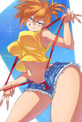  breasts denim denim_shorts female hair_between_eyes highres kasumi_(pokemon) large_breasts long_hair navel orange_hair pokemon pokemon_(anime) ponytail pulling_own_clothes shimure_(460) shirt short_shorts shorts smile solo standing suspenders tank_top teeth yellow_shirt 