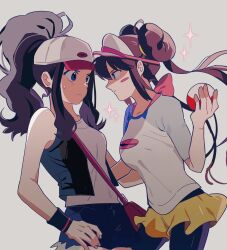  2girls bag black_pantyhose black_vest black_wristband breasts brown_hair commentary_request double_bun grey_background hair_bun hand_on_own_hip hat high_ponytail highres hilda_(pokemon) holding holding_poke_ball korean_commentary long_hair memoji_7672 multiple_girls pantyhose poke_ball pokemon pokemon_bw pokemon_bw2 rosa_(pokemon) shirt short_shorts shorts shoulder_bag sidelocks sleeveless sleeveless_shirt sparkle twintails vest visor_cap white_hat white_shirt yellow_shorts 