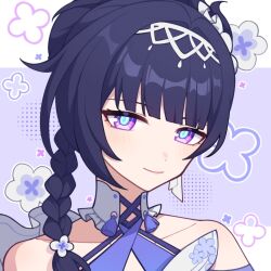  bare_shoulders blue_pupils blunt_bangs braid chinese_commentary collarbone commentary_request female hairband honkai_(series) honkai_impact_3rd long_hair looking_at_viewer official_alternate_costume portrait purple_eyes purple_hair qiu_youyou raiden_mei raiden_mei_(crooning_tides) raiden_mei_(herrscher_of_origin) single_braid smile solo white_hairband 