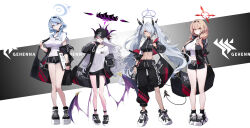  1-5iro 4girls absurdres ako_(blue_archive) alternate_costume anklet bag bare_shoulders baseball_cap black_footwear black_jacket black_pants black_ribbon black_shorts blue_archive breasts chinatsu_(blue_archive) commentary_request dark-skinned_female dark_skin demon_girl demon_horns demon_wings duffel_bag full_body gehenna_academy_logo grey_hair grey_halo hair_over_one_eye hair_ribbon halo halterneck hat highres hina_(blue_archive) holding holding_bag holding_hat holding_unworn_clothes horns iori_(blue_archive) jacket jewelry long_hair looking_at_viewer low_wings medium_breasts midriff multiple_girls multiple_horns navel no_eyewear open_clothes open_jacket pants panty_straps pointy_ears prefect_team_(blue_archive) purple_eyes red_eyes revision ribbon shirt shoes shorts simple_background small_breasts sneakers standing t-shirt tail twintails very_long_hair white_background white_hair white_shirt wings 