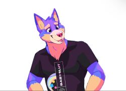  2023 anthro biped black_clothing black_shirt black_topwear brown_body brown_eyebrows brown_fur canid canine canis clothed clothing daire301 daire_(dog) digital_media_(artwork) domestic_dog english_text eyebrows fur hi_res male mammal multicolored_body multicolored_fur open_mouth open_smile pink_nose purple_body purple_fur sharp_teeth shirt simple_background smile solo teeth text thick_eyebrows topwear two_tone_body two_tone_fur white_background 