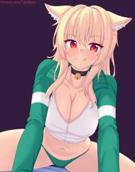  animal_ear_fluff animal_ears bell black_choker blonde_hair breasts cat_ears cat_girl cat_tail choker cleavage dutch_angle female green_panties highres jacket large_breasts leaning_forward licking_lips long_hair looking_at_viewer navel neck_bell nottytiffy original panties patreon_username purple_background red_eyes sitting slit_pupils solo tail tiffy_(nottytiffy) tongue tongue_out track_jacket underwear web_address 