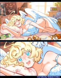  alarm_clock angel angel_wings babymetal bag bare_shoulders blonde_hair blue_eyes blush breast_rest breasts breasts_squeezed_together camisole cleavage clock cloud_print collarbone curvy drooling feathered_wings feathers food gabi_(snegovski) halo_ahoge hatsune_miku head_wings highres indoors large_breasts lying mountain_dew narrowed_eyes navel on_side open_mouth original pajamas panties patreon_username pillow pink_pupils pizza short_hair sleeping slipknot snegovski soda strap_slip sunlight swept_bangs thick_eyebrows trash_bag underwear vocaloid waking_up white_panties window wings 