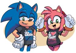  2024 accessory amy_rose anthro biped black_nose blue_body clothed clothing countershade_face countershading duo english_text eulipotyphlan female gloves green_eyes hair_accessory hairband half-closed_eyes hands_on_own_hips handwear hedgehog hi_res hyoumaru looking_at_viewer male mammal narrowed_eyes open_mouth open_smile pink_body sega shirt short_tail simple_background smile sonic_the_hedgehog sonic_the_hedgehog_(series) standing tail tan_body tan_countershading text text_on_clothing text_on_shirt text_on_topwear topwear white_clothing white_gloves white_handwear 