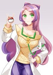  bare_shoulders bow-shaped_hair breasts cleavage coat collarbone earrings female flower_earrings gradient_background green_eyes grey_background hand_up highres holding holding_poke_ball jewelry knic_oekaki lab_coat long_hair long_sleeves medium_breasts miriam_(pokemon) multicolored_hair off-shoulder_sweater off_shoulder open_clothes open_coat pencil_skirt pink_hair poke_ball poke_ball_(basic) pokemon pokemon_sv purple_hair purple_skirt school_nurse skirt solo stethoscope streaked_hair striped_clothes striped_skirt sweater swept_bangs yellow_sweater 