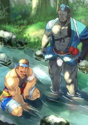  2boys abs another_eidos-r bandages bara bare_pectorals black_tank_top brown_hair bulge colored_skin facial_hair from_above goatee_stubble grey_skin habaki_(another_eidos) happy headband highres katoributa_a lake large_pectorals male_focus mature_male monster_boy multiple_boys muscular muscular_male nipples one_eye_closed pectorals short_hair smile squatting standing stubble tank_top tengo_(another_eidos) thick_eyebrows tusks wading 