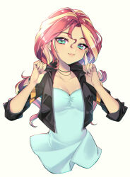  aqua_dress aqua_eyes blonde_hair breasts cleavage colored_skin dress female highres jacket leather leather_jacket looking_at_viewer multicolored_hair my_little_pony my_little_pony:_equestria_girls my_little_pony:_friendship_is_magic open_clothes open_jacket orange_skin personification red_hair smile streaked_hair sunset_shimmer sunset_shimmer_(human) upper_body wikumi 