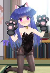  animal_ear_fluff animal_ears animal_hands bare_shoulders bell black_choker black_footwear black_gloves black_hairband black_leotard blue_hair blush bow brown_pantyhose cat_ears choker closed_mouth commentary_request curtains day fake_animal_ears female fur-trimmed_gloves fur_trim furude_rika gaou_(babel) gloves hairband high_heels higurashi_no_naku_koro_ni indoors jingle_bell kittysuit kneeling leotard long_hair looking_at_viewer neck_bell nontraditional_playboy_bunny on_floor pantyhose paw_gloves purple_bow purple_eyes shoes solo strapless strapless_leotard sunlight tail tail_bow tail_ornament tatami thighband_bodystocking very_long_hair window 