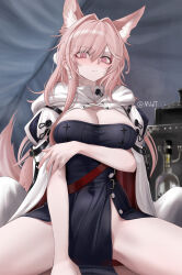  absurdres animal_ears arknights artist_name black_dress blush breasts cleavage commentary dress female hair_intakes highres large_breasts long_hair looking_at_viewer mildt pelvic_curtain pink_eyes pink_hair pozyomka_(arknights) shrug_(clothing) sitting solo strapless strapless_dress thighs twitter_username very_long_hair wolf_ears 