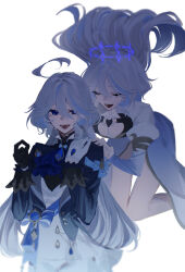  2girls ahoge ascot black_gloves blue_ascot blue_coat blue_eyes blue_hair blue_halo blue_sash coat crying dress false_smile floating_hair focalors_(genshin_impact) furina_(genshin_impact) genshin_impact gloves gold_trim gradient_sleeves halo highres juliet_sleeves long_hair long_sleeves mismatched_pupils multiple_girls mumu_003 open_mouth puffy_sleeves sash simple_background sleeve_cuffs smile spoilers very_long_hair white_background white_dress white_gloves white_hair 