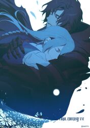  1boy black_cape braid cape clive_rosfield closed_eyes couple female final_fantasy final_fantasy_xvi flower highres holding_hands hug jill_warrick long_hair moon night night_sky short_hair simple_background sky snsstk1 white_flower 