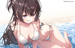  beach bikini breasts brown_hair female grin hong_(white_spider) long_hair looking_at_viewer medium_breasts patreon_username purple_eyes side-tie_bikini_bottom sitting smile solo suou_yuki swimsuit tokidoki_bosotto_roshia-go_de_dereru_tonari_no_alya-san tongue tongue_out white_bikini yokozuwari 