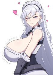  absurdres azur_lane band-width belfast_(azur_lane) black_collar braid breasts broken broken_chain chains closed_mouth collar female from_side gauntlets grey_hair heart highres huge_breasts long_hair looking_at_viewer maid maid_headdress motion_lines purple_eyes shiny_skin sideboob solo white_background 