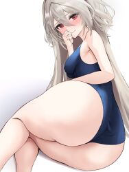  absurdres armpit_crease ass azur_lane blush breasts closed_mouth embarrassed gokusei heart heart-shaped_pupils highres huge_ass l&#039;audacieux_(azur_lane) light_brown_hair long_bangs long_hair looking_at_viewer red_eyes school_swimsuit simple_background small_breasts swimsuit symbol-shaped_pupils very_long_hair white_background wide_hips 