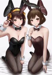  2girls absurdres alternate_costume animal_ears ayuyu0821 black_bow black_bowtie black_footwear black_leotard bow bowtie breasts brown_bow brown_bowtie brown_eyes brown_hair brown_leotard cleavage closed_mouth fake_animal_ears fake_tail fishnets hairband high_heels highres kneeling large_breasts leotard multiple_girls official_alternate_costume playboy_bunny rabbit_ears ribbon sasaki_(suzumiya_haruhi) simple_background small_breasts smile suzumiya_haruhi suzumiya_haruhi_no_yuuutsu tail white_background white_wrist_cuffs wrist_cuffs yellow_hairband yellow_ribbon 