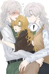  3girls blonde_hair blue_eyes blush flying_sweatdrops girl_sandwich group_sex highres hug multiple_girls nishiyos reverse:1999 sandwiched shirt threesome vila_(reverse:1999) white_shirt windsong_(reverse:1999) 