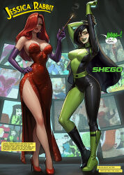  2girls :d arm_up bare_shoulders black_bodysuit black_hair bodysuit breasts character_name cigarette cleavage dress elbow_gloves english_text full_body gloves green_bodysuit grin high_heels highres holding holding_cigarette jessica_rabbit kim_possible large_breasts long_hair multiple_girls purple_gloves red_dress red_footwear ron_stoppable sane-person shego smile standing teeth who_framed_roger_rabbit 