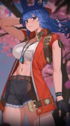  absurdres animal_ears black_gloves blue_eyes blue_hair blurry blurry_background cherry_blossoms commission commissioner_upload crop_top female final_fantasy final_fantasy_xiv gloves hair_flowing_over highres jacket jewelry navel necklace non-web_source nvl ponytail rabbit_girl red_jacket shion_(blue_bnnuy) shorts smile thighs viera warrior_of_light_(ff14) 