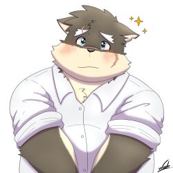  anthro blue_eyes blush canid canine canis domestic_dog facial_scar hi_res lifewonders male mammal moritaka_(tas) overweight pleading_eyes rocky_6261 scar solo tokyo_afterschool_summoners 