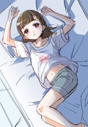  absurdres anyoji_hime arms_up blush borrowed_clothes braid brown_hair center-flap_bangs collarbone commentary_request feet_out_of_frame female from_above grey_shorts half-closed_eyes head_on_pillow highres implied_yuri kachimachi_kosuzu kanduki_kamibukuro link!_like!_love_live! long_hair looking_at_viewer love_live! lying midriff_peek navel on_back on_bed parted_lips pink_eyes shirt short_sleeves shorts side_braids solo sweatdrop t-shirt virtual_youtuber white_shirt 