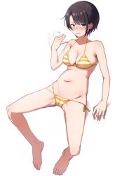  absurdres adapted_costume barefoot bikini black_hair blue_eyes breasts cleavage fanning_self female groin highres hololive invisible_chair kamikami looking_at_viewer lowleg lowleg_bikini medium_breasts navel oozora_subaru oozora_subaru_(hololive_summer_2019) short_hair side-tie_bikini_bottom sitting solo striped_bikini striped_clothes swept_bangs swimsuit virtual_youtuber yellow_bikini 