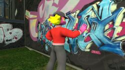  16:9 2024 3d_(artwork) animal_humanoid anthro asian_mythology black_bottomwear black_cap black_clothing black_pants blonde_hair bottomwear clothing digital_media_(artwork) east_asian_mythology graffiti graffiti_on_wall grass hair hand_in_pocket hi_res holding_spray_bottle humanoid japanese_mythology level-5 lizard male mightyk mythology outside pants plant pockets purple_body purple_skin rear_view red_clothing red_sweater red_topwear reptile roughgraff scalie scalie_humanoid smile solo spray_bottle standing sweater topwear widescreen yellow_body yellow_skin yo-kai_watch yokai 