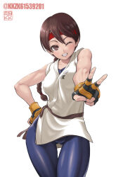  ass_visible_through_thighs blue_unitard braid braided_ponytail brown_eyes brown_hair cowboy_shot dougi female fingerless_gloves gloves headband highres karate_gi kkzk61539201 long_hair looking_at_viewer loose_socks martial_arts_belt one_eye_closed red_headband ryuuko_no_ken single_braid smile snk socks solo spandex the_king_of_fighters twitter_username v yuri_sakazaki 