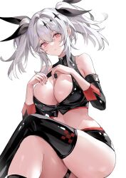  absurdres again_(depr4447) azur_lane bare_shoulders between_breasts black_shorts black_thighhighs blush boots breasts cleavage cleavage_cutout closed_mouth clothing_cutout commentary crop_top crossed_legs detached_sleeves female front_zipper frown hair_between_eyes hair_intakes hair_ornament hands_up highres holding holding_key joffre_(azur_lane) joffre_(blessings&#039;_first_flight)_(azur_lane) key large_breasts long_hair looking_at_viewer medium_hair messy_hair micro_shorts midriff official_alternate_costume race_queen red_eyes short_shorts shorts simple_background single_thigh_boot single_thighhigh sitting skindentation sleeveless solo symbol-only_commentary thigh_boots thigh_strap thighhighs thighs twintails white_background white_hair 