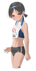  2024 black_buruma black_hair blue_headband blush buruma cameltoe cropped_legs female grey_eyes headband highres looking_at_viewer navel original retsumaru short_ponytail shy signature simple_background solo track_uniform waving white_background 