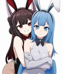  2girls absurdres animal_ears armpit_crease axelsworks azur_lane black_bow black_bowtie black_hair black_leotard blue_collar blue_eyes blue_hair blue_pupils blue_wings blush bow bowtie breasts closed_mouth collar colored_inner_hair covered_navel crossed_arms elbow_gloves fake_animal_ears fake_tail gloves grin hatsuzuki_(azur_lane) highres horns hug hug_from_behind leotard long_hair looking_at_viewer multicolored_hair multiple_girls playboy_bunny rabbit_ears rabbit_tail red_collar red_eyes red_hair red_pupils simple_background small_breasts smile tail wakatsuki_(azur_lane) white_background white_gloves white_leotard wings 