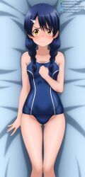  alternate_costume bed_sheet blue_hair blush braid breasts competition_swimsuit dakimakura_(medium) feet_out_of_frame female from_above groin highres long_hair looking_at_viewer lying on_back one-piece_swimsuit orange_eyes shokugeki_no_souma shugo19 small_breasts swimsuit tadokoro_megumi twin_braids twintails web_address 