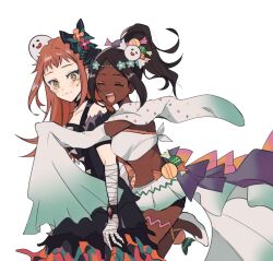  2girls aqua_eyeshadow bandaged_arm bandaged_hand bandages candy_hair_ornament dark-skinned_female dark_skin eyeshadow facial_mark fire_emblem fire_emblem_engage fire_emblem_heroes food-themed_hair_ornament ghost_costume ghost_hair_ornament hair_ornament halloween_costume highres hug hug_from_behind makeup multiple_girls oda32t official_alternate_costume orange_hair panette_(fire_emblem) short_bangs sleeves_past_wrists stitches timerra_(fire_emblem) timerra_(halloween)_(fire_emblem) yellow_eyes 