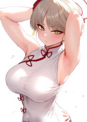  armpits arms_behind_head blue_archive breasts china_dress chinese_clothes closed_mouth commentary_request dress female flying_sweatdrops grey_hair halo highres large_breasts looking_at_viewer marina_(blue_archive) marina_(qipao)_(blue_archive) official_alternate_costume presenting_armpit red_halo short_hair sleeveless sleeveless_dress solar_(happymonk) solo sweat sweatdrop upper_body white_background white_dress yellow_eyes 