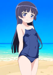  arms_behind_back beach black_hair blue_eyes blue_one-piece_swimsuit blue_sky blunt_bangs breasts commentary competition_school_swimsuit covered_navel day female gokou_ruri horizon long_hair mizusaki_johnko ocean one-piece_swimsuit ore_no_imouto_ga_konna_ni_kawaii_wake_ga_nai outdoors school_swimsuit sky small_breasts solo swimsuit 